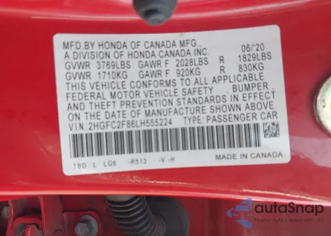 2020 Honda Civic Sport from USA, damaged, VIN 2HGFC2F86LH555224